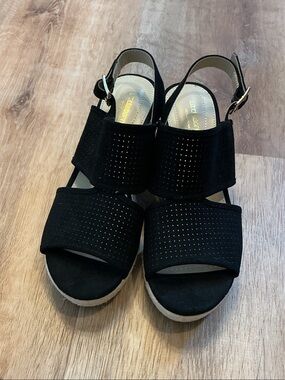 Liz Claiborne Black Perforated Suede Wedge Sandals